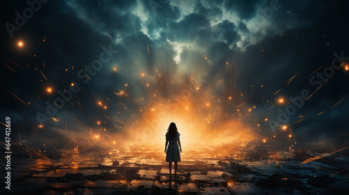 World mental health day concept Silhouette alone woman standing on abstract of heaven background made with AI