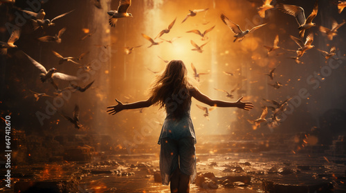 World mental health day concept Silhouette alone woman standing on abstract of heaven background made with AI