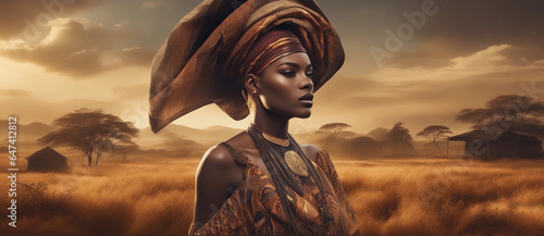 A beautiful African woman in a national costume against the background of African nature. Generative AI.