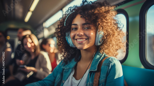 Young beautiful African American woman wearing headphones and listening to music while sitting in a train carriage © Ms VectorPlus