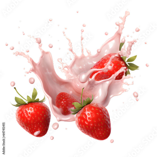  strawberries. Splashes of milk and drops from falling fresh red berries. Strawberry dessert with whipped cream on a transparent background 