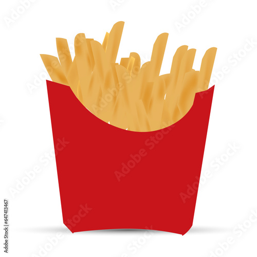 French Fries potato fast food in Red Carton Package Box Isolated on White background