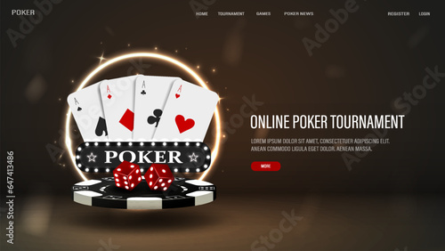 A web banner with poker cards, dice and a chip with a neon gold round frame on a dark background. A concept for a casino with text.