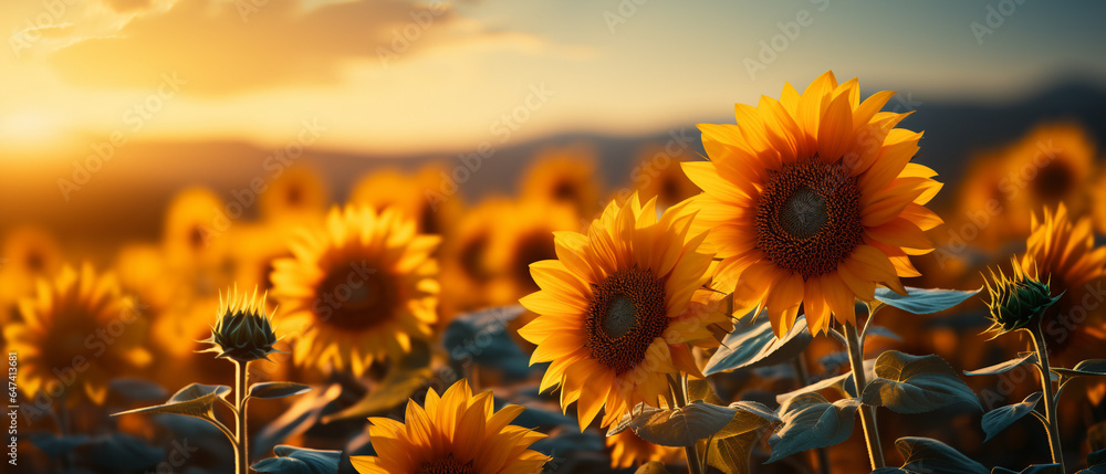 Sunflower on blurred sunny nature background. Horizontal agriculture summer banner with sunflowers field made with AI