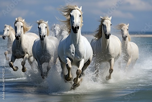 Galloping horses in sea. Generative AI