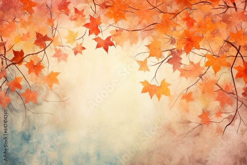 Colorful autumn leaves on floral watercolor background, perfect for fall designs or Thanksgiving. Abstract leaf outlines and ivy vines border orange backdrop. Generative AI