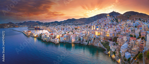 Fototapeta Naklejka Na Ścianę i Meble -  Panoramic view of Ermoupoli and Ano Syra towns in Syros island, Cyclades islands, Greece, Europe.