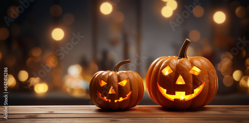 A large pumpkins with a carve glowing face on a Halloween decor backdrop.