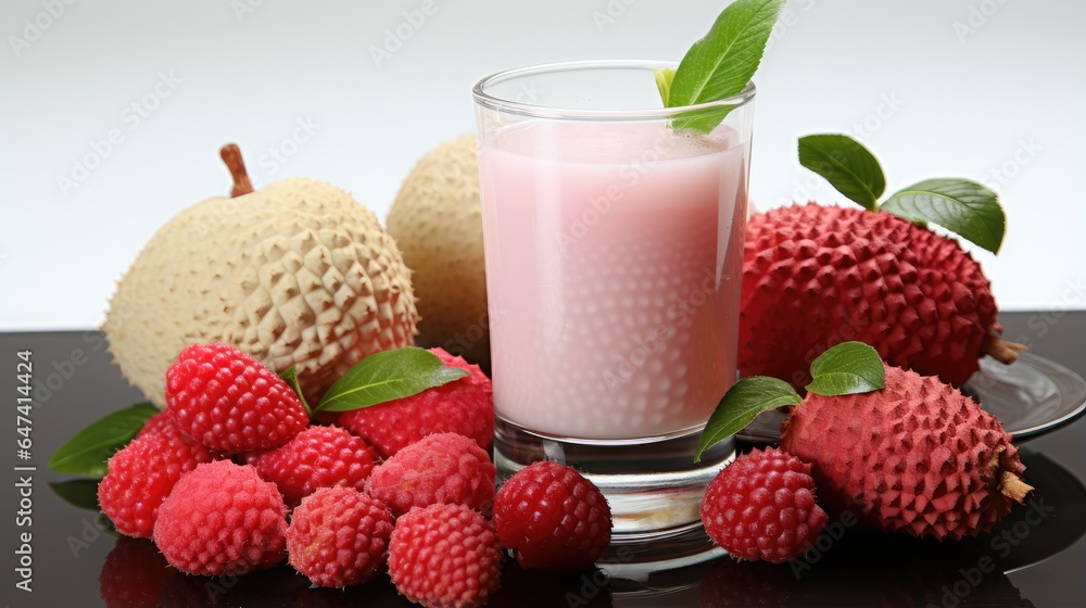 Glass of lychee juice and sliced lychee fruits isolated on darker background Glass of lychee juice and sliced lychee fruits isolated on darker background
