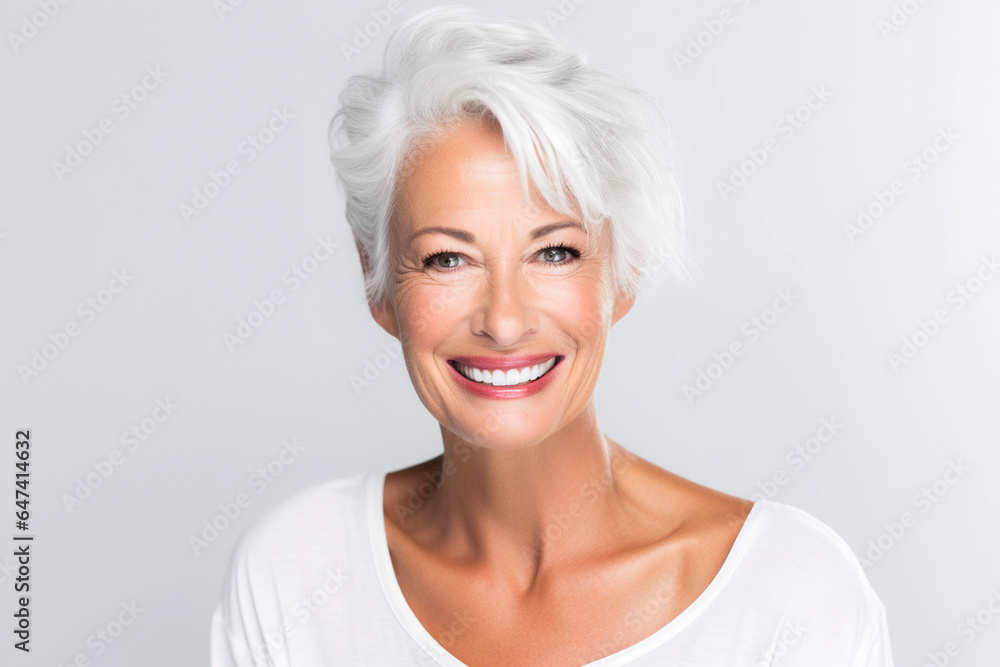 Beautiful smiling mature woman with short gray hair
