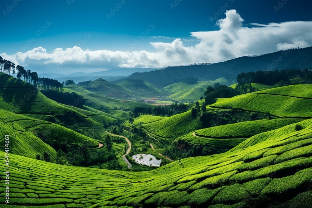 Panoramic view of a tea plantation in Sri Lanka. A stunning landscape. Generative AI