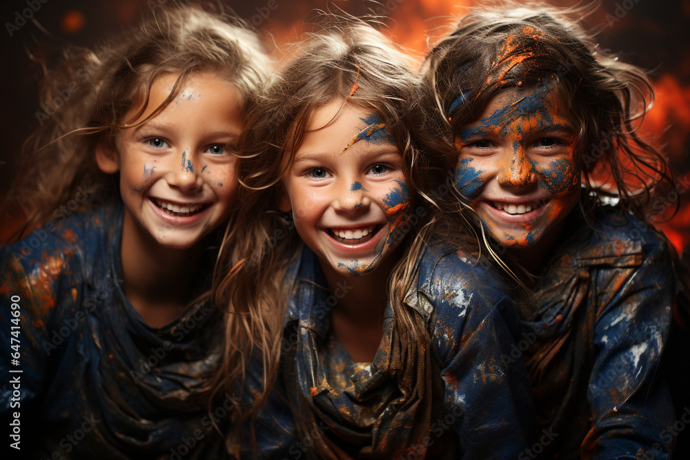 Photorealistic image of some children smiling with their faces painted as the flag of FRANCE. Europe made with AI