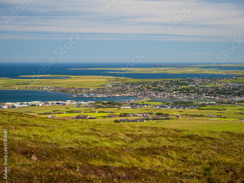 View of Kirkwall, Mainland, Orkney from the top of Wideford Hill on a sunny day