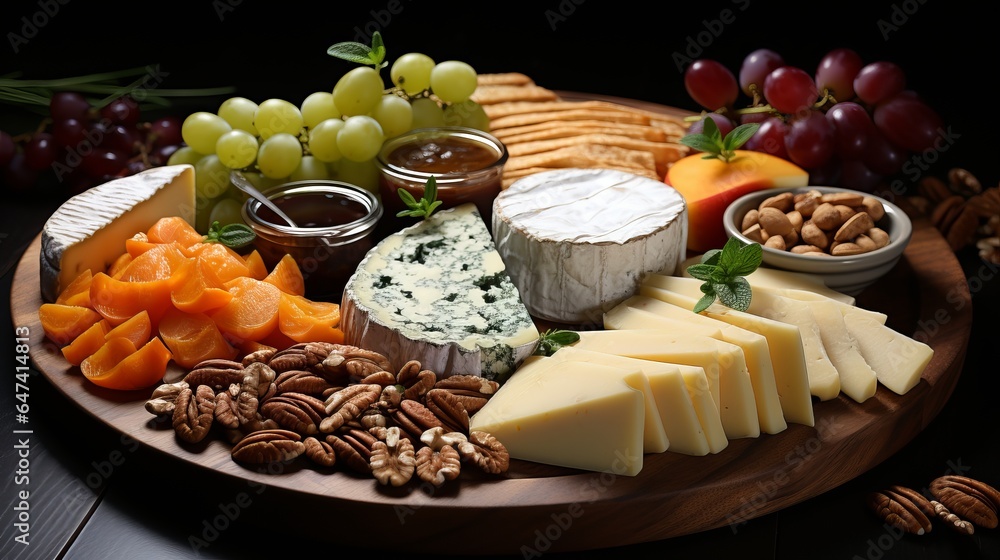 round cheese plate with different types of fermented milk products. Assortment on a wooden board. Slicing for the holiday table. Snack for wine. Banner with copy space
