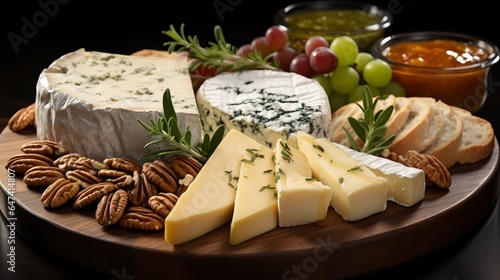 round cheese plate with different types of fermented milk products. Assortment on a wooden board. Slicing for the holiday table. Snack for wine. Banner with copy space 