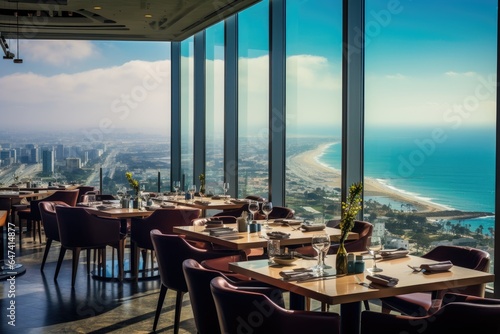 Panoramic hotel restaurant overlooking the ocean or cityscape. © kardaska