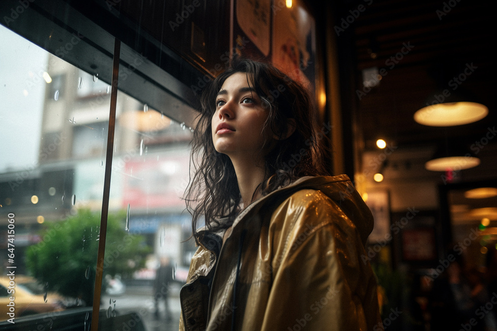 Asian woman waiting by a window while it rains