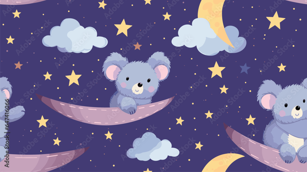 A cute funny koala on the moon is reaching for a star among the clouds. Vector seamless pattern on a purple background. Wallpaper, packaging paper design, fabrics, children's print