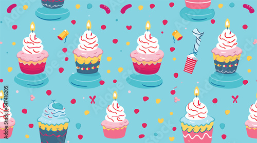 Bright birthday cake on blue background, vector seamless pattern, perfect for postcards, invitations, wrapping paper