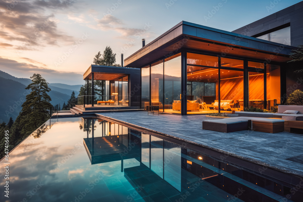 Luxury black villa with big outside pool located in green forest with mountains in the background Luxury black villa with big outside pool located in green forest with mountains in the background