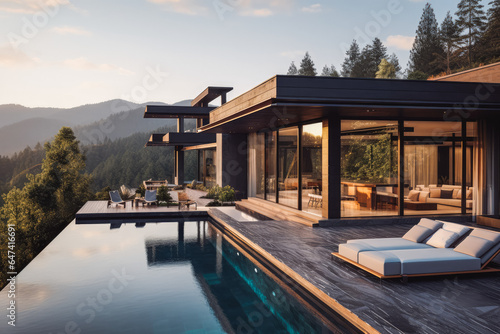 Luxury black villa with big outside pool located in green forest with mountains in the background © VisualProduction