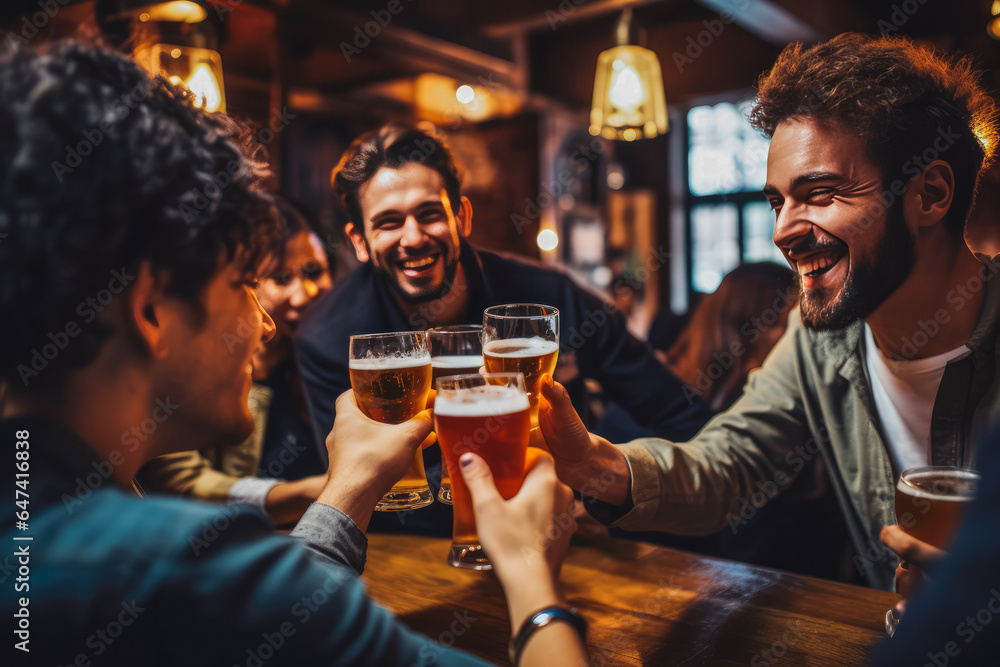 Close up of friends talking and toasting in a pub with beers