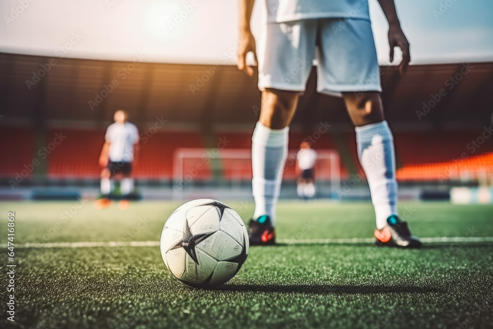 Fototapeta premium Soccer player ready for the penalty shot, close up of soccer player lower leg shot upfront,