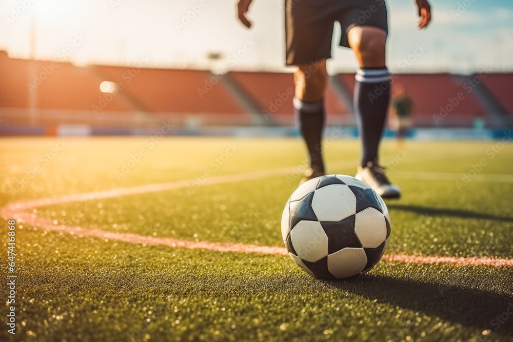 Fototapeta premium Soccer player ready for the penalty shot, close up of soccer player lower leg shot upfront,