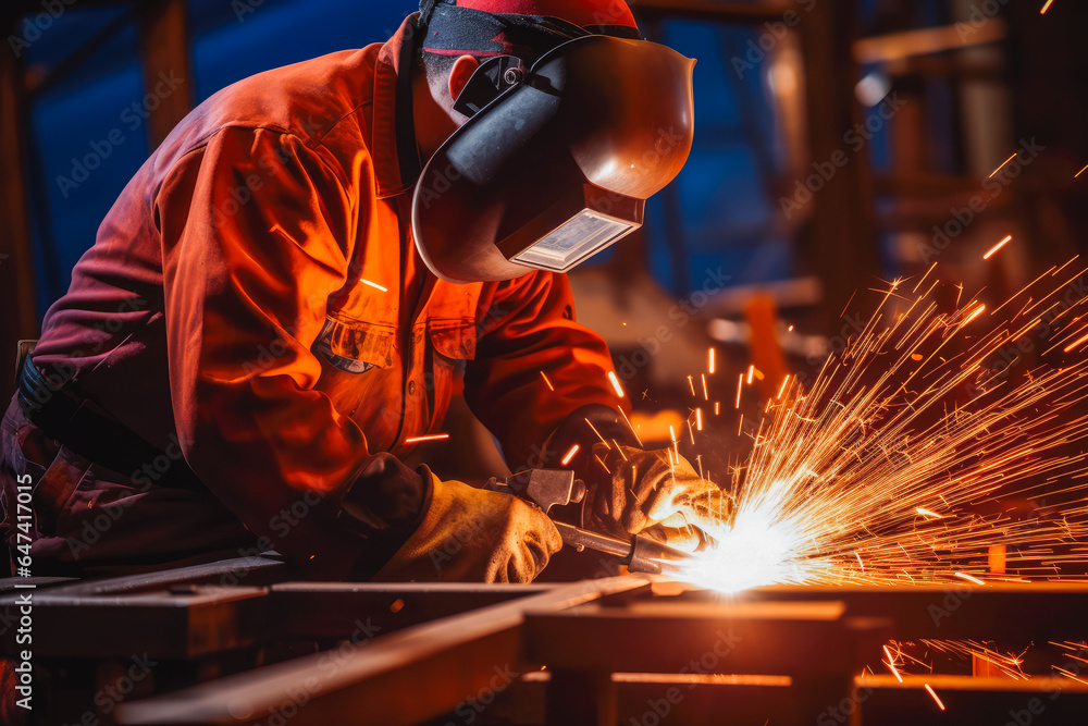 Welder man at work in his workshop while wearing a safety protection gear, focus on work Welder man at work in his workshop while wearing a safety protection gear, focus on work