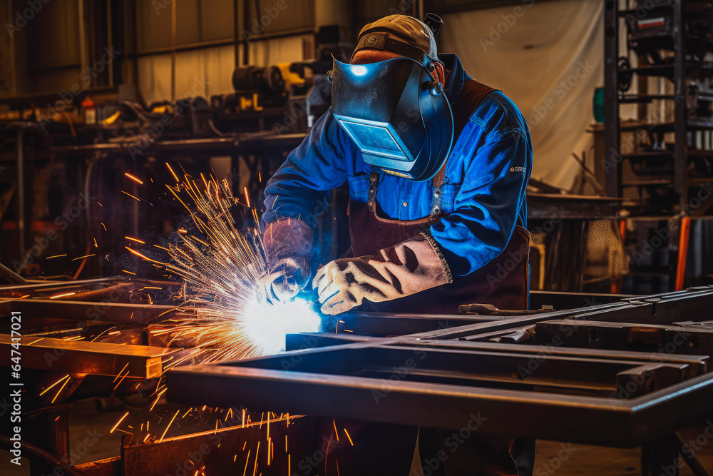 Welder man at work in his workshop while wearing a safety protection gear, focus on work Welder man at work in his workshop while wearing a safety protection gear, focus on work