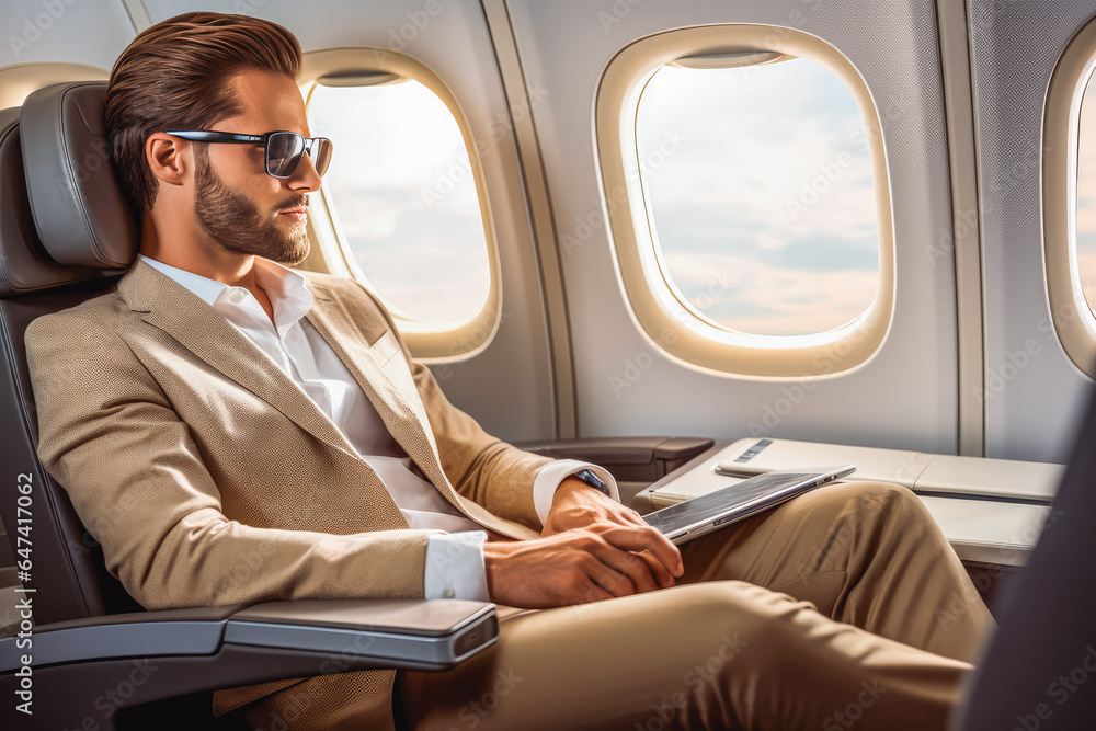 Handsome young business man sitting in business class on a plane, relaxed and happy