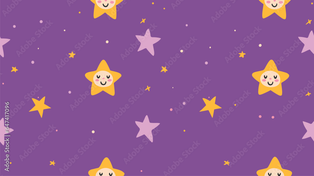 Cute cartoon stars on purple background, vector seamless pattern, children's print for fabric, paper products Cute cartoon stars on purple background, vector seamless pattern, children's print for fabric, paper products