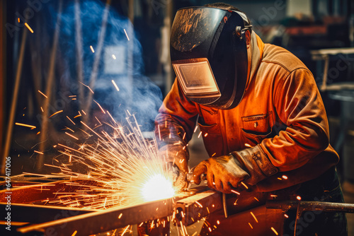 Welder man at work in his workshop while wearing a safety protection gear, focus on work