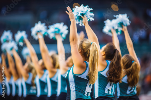 Close up of cheerleader group together in a row, waiting on a performance start