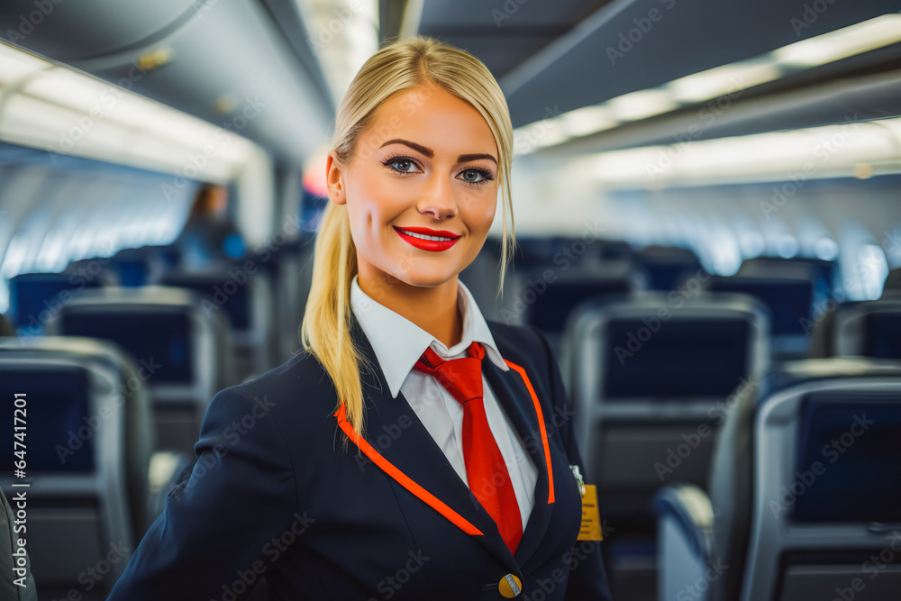 Beautiful young blond flight attendant smiling while checking in people in first class Beautiful young blond flight attendant smiling while checking in people in first class