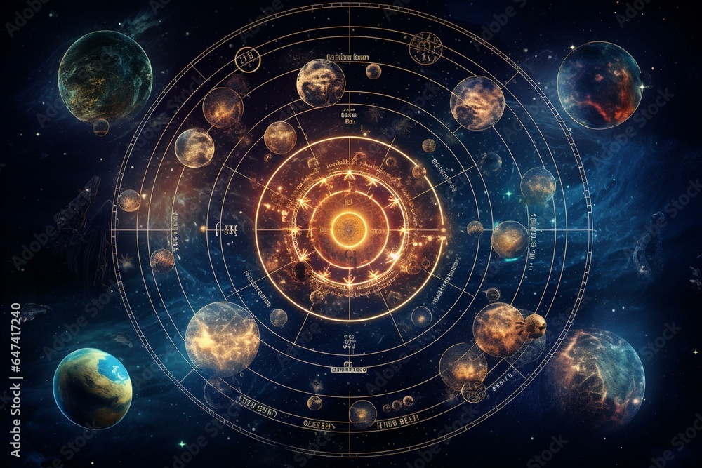 Astrology and horoscope, zodiac signs revolving around the moon in space. Generative AI - obrazy, fototapety, plakaty 