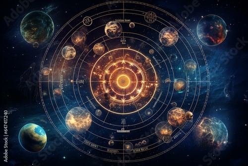 Astrology and horoscope, zodiac signs revolving around the moon in space. Generative AI