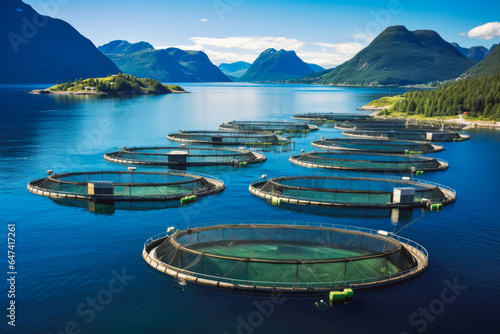 Top view of fish farms in Norway, fishing industry concept with mountains in background