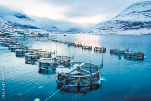 Top view of fish farms in Norway in winter time, fishing industry concept with mountains in background