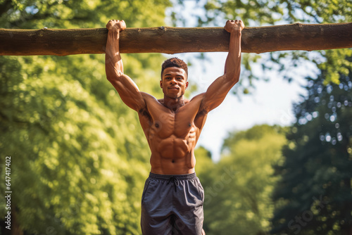 Handsome athletic african american man doing calisthenics at the park, physical exercise outside