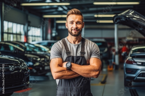 Portrait of handsome mechanic technician in his garage shop © VisualProduction