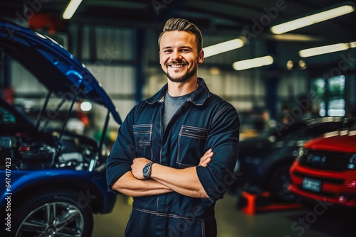 Portrait of handsome mechanic technician in his garage shop
