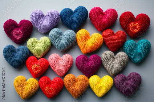 Colorful handcrafted knitted hearts. Generative AI