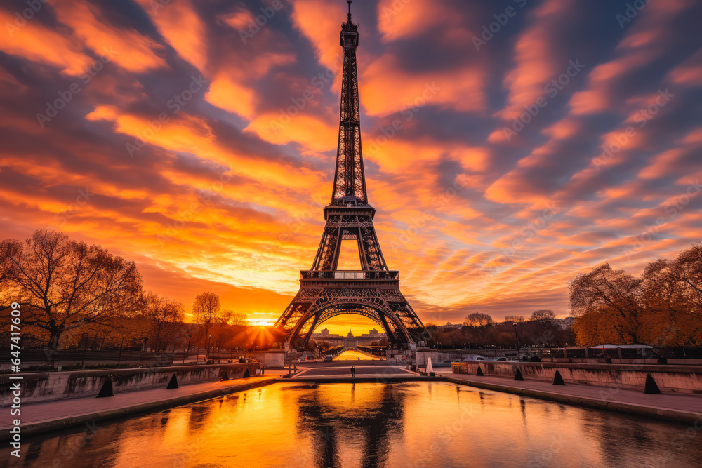 Fototapeta premium Beautiful shot of eiffel tower with a orange sunset in the background, lovely tourist attraction