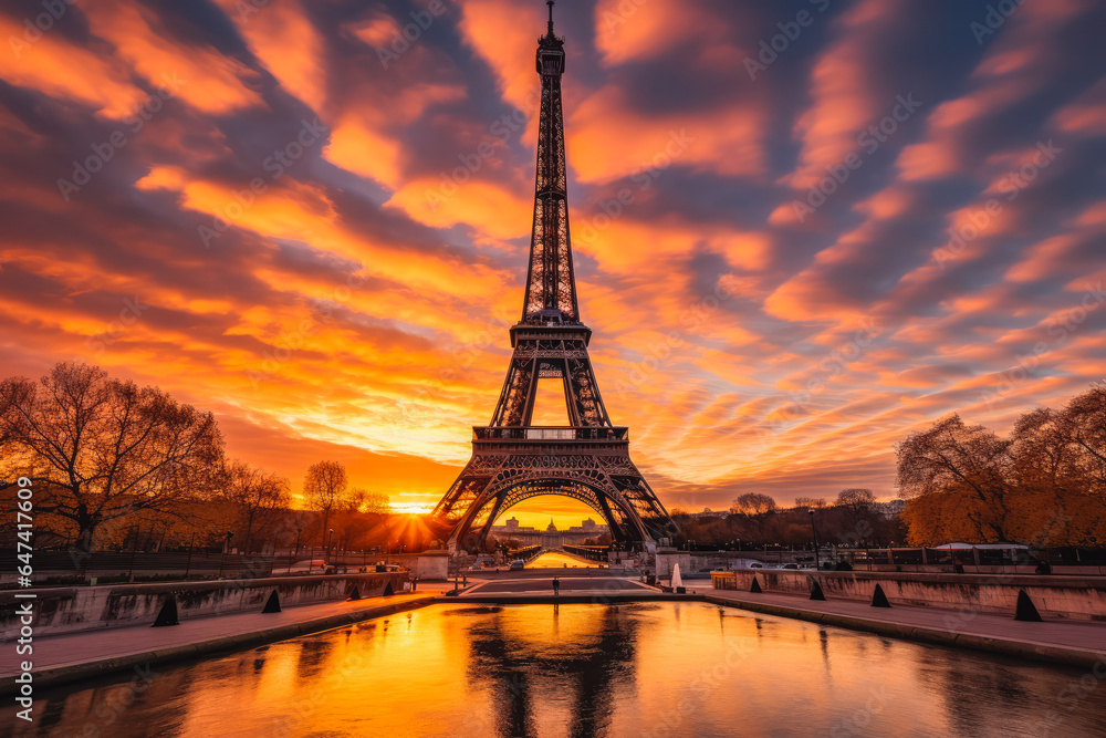 Beautiful shot of eiffel tower with a orange sunset in the background, lovely tourist attraction