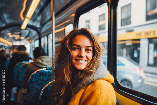 Portrait of beautiful young woman riding a bus in London, traveling alone