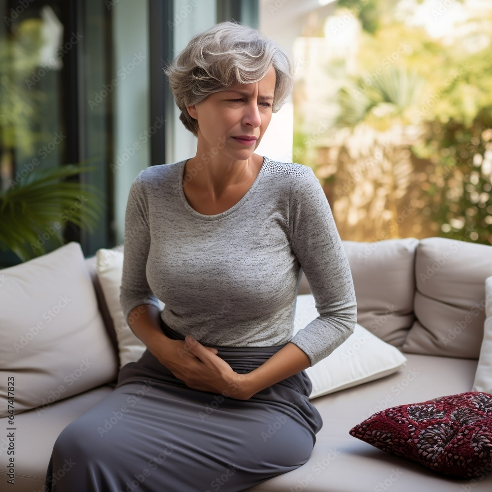 Reife Frau mit Bauchschmerzen Reife Frau mit Bauchschmerzen