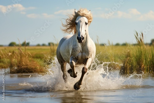 Horse galloping across the marshland of Camargue. Generative AI