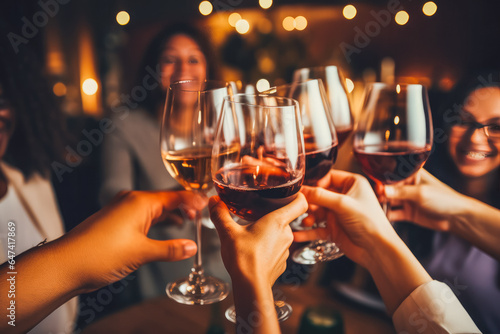 Close up of friends toasting with wine glasses at home party for celebration