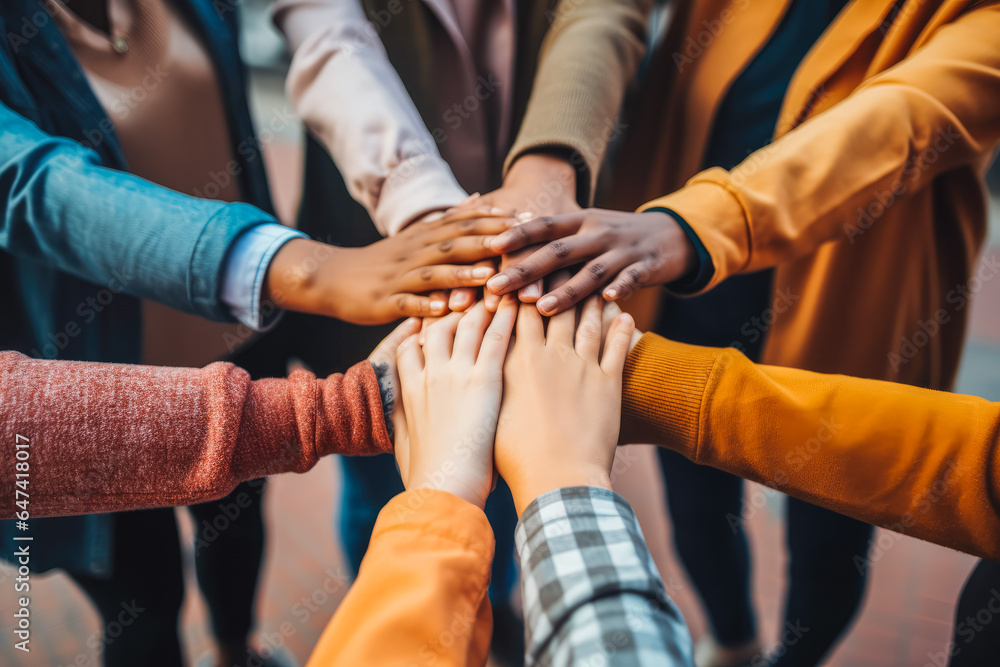 Close up of millennial friends stacking hands together, multiracial diversity, unity